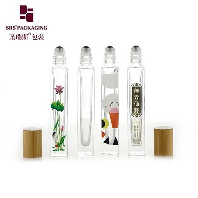 buy 10ml High End Empty Square Glass Roll On Bottle with Bamboo Wooden Cap and 3D Printing Logo Service for Perfume Oil Serum online manufacture