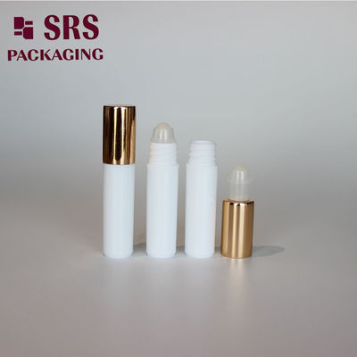 Buy SRS empty cosmetic 5ml white plastic roller bottle with gold aluminum cap online manufacture